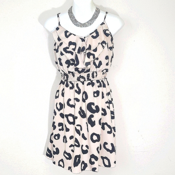 Mini Dress Ruffle beige black animal leopard print sundress Sleeveless Belt Y2k - Picture 1 of 4